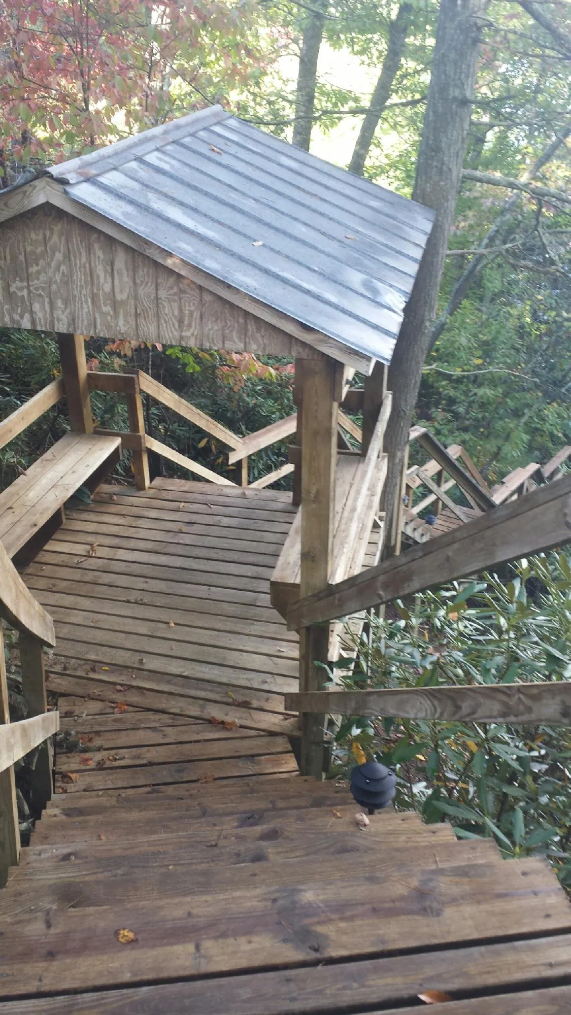 Metal roofed shelter over wooden steps on a wooded walkway — Skylight Repair & Installation work by our crew in Luckey